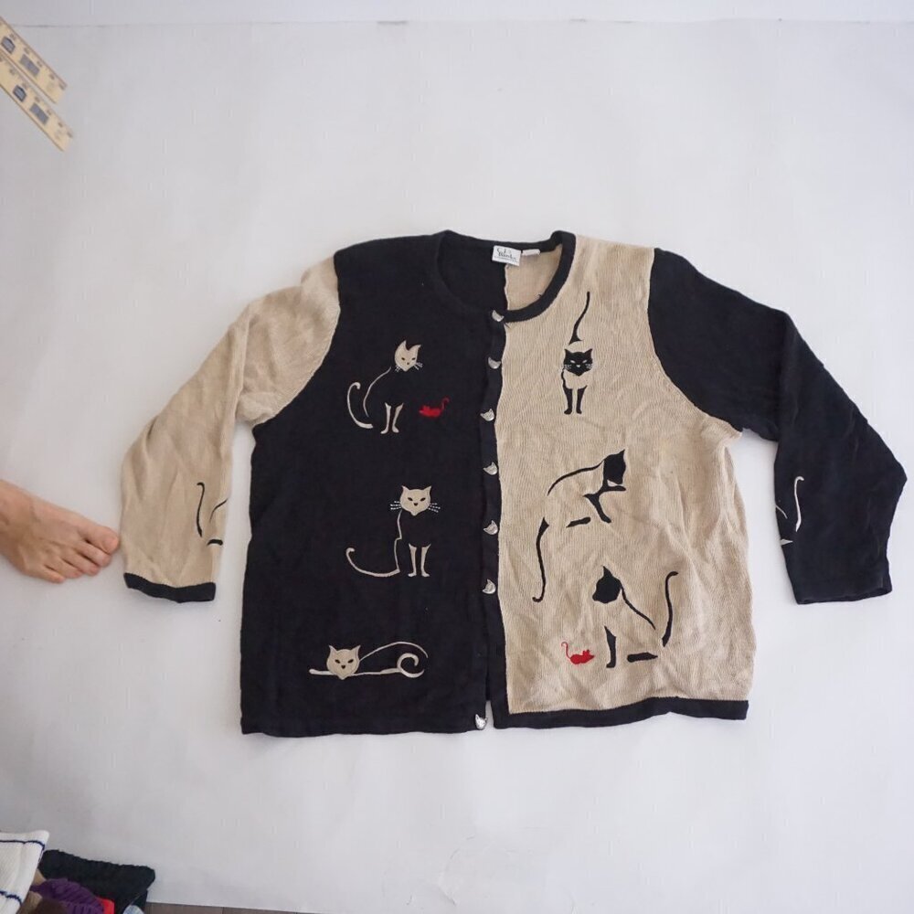 Vintage CJ Banks Black Beige Knit Cat Mouse Cardigan Sweater Grandmacore 2X